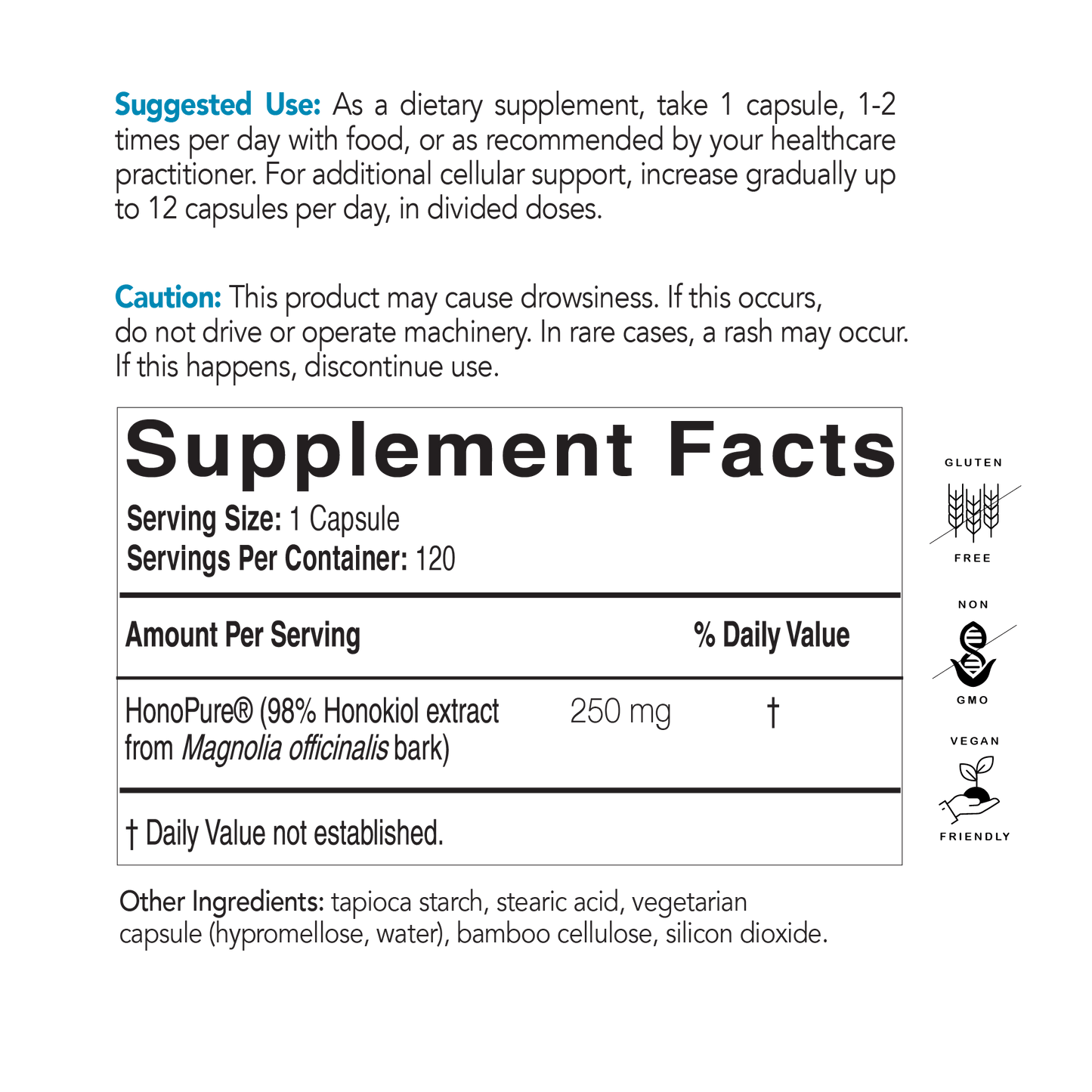 magnolia bark benefits bottle back, 30 capsules